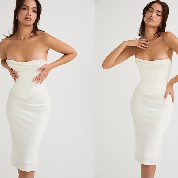 House of CB 'Sienna' Ivory Satin Strapless Corset Midi Dress NWOT - Picture 9 of 15